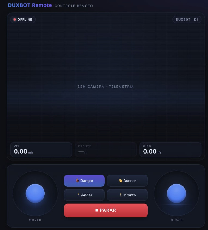The web remote (DUXBOT Remote): live telemetry + walk / wave / dance / stop.